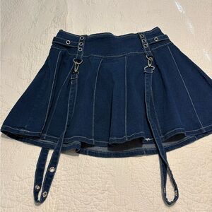 Hot Topic Navy Denim Pleated Mini Skirt with Detachable Strap Details